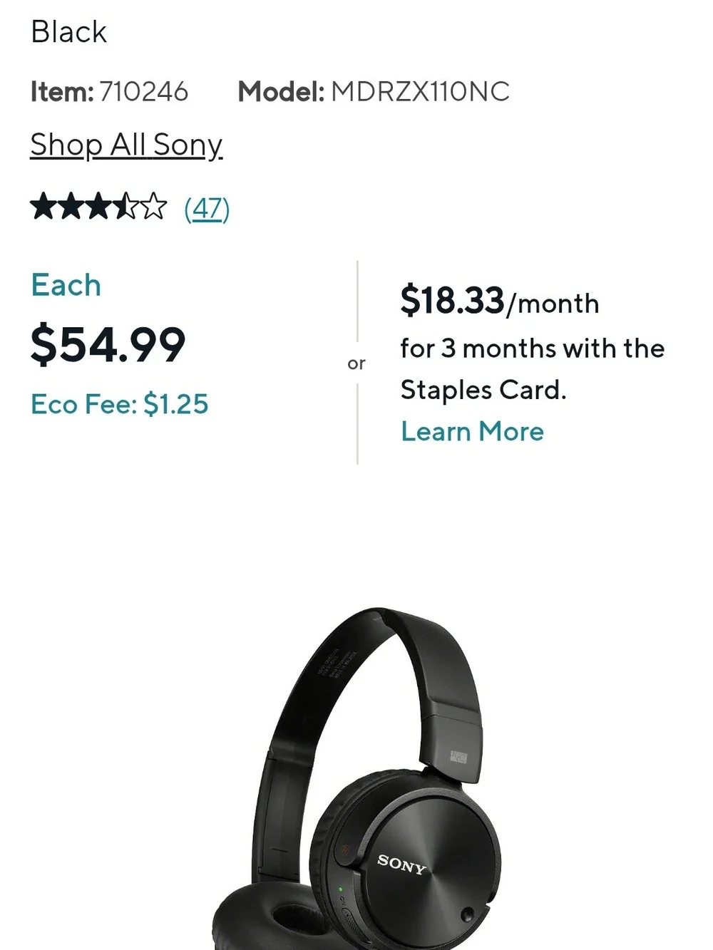 Sony Black Wired Over-Ear Headphones